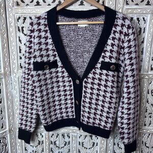 Maeve Anthropology Houndstooth Chunky Soft Knit Preppy Old Money Cardigan SZ XS